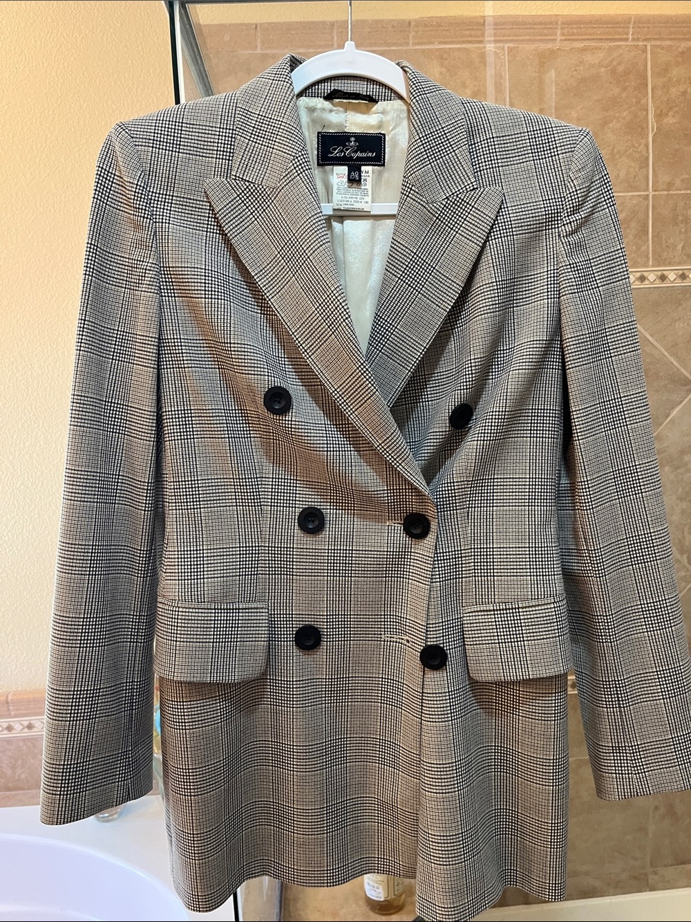 Les Copains Beige Plaid Double-Breasted Blazer